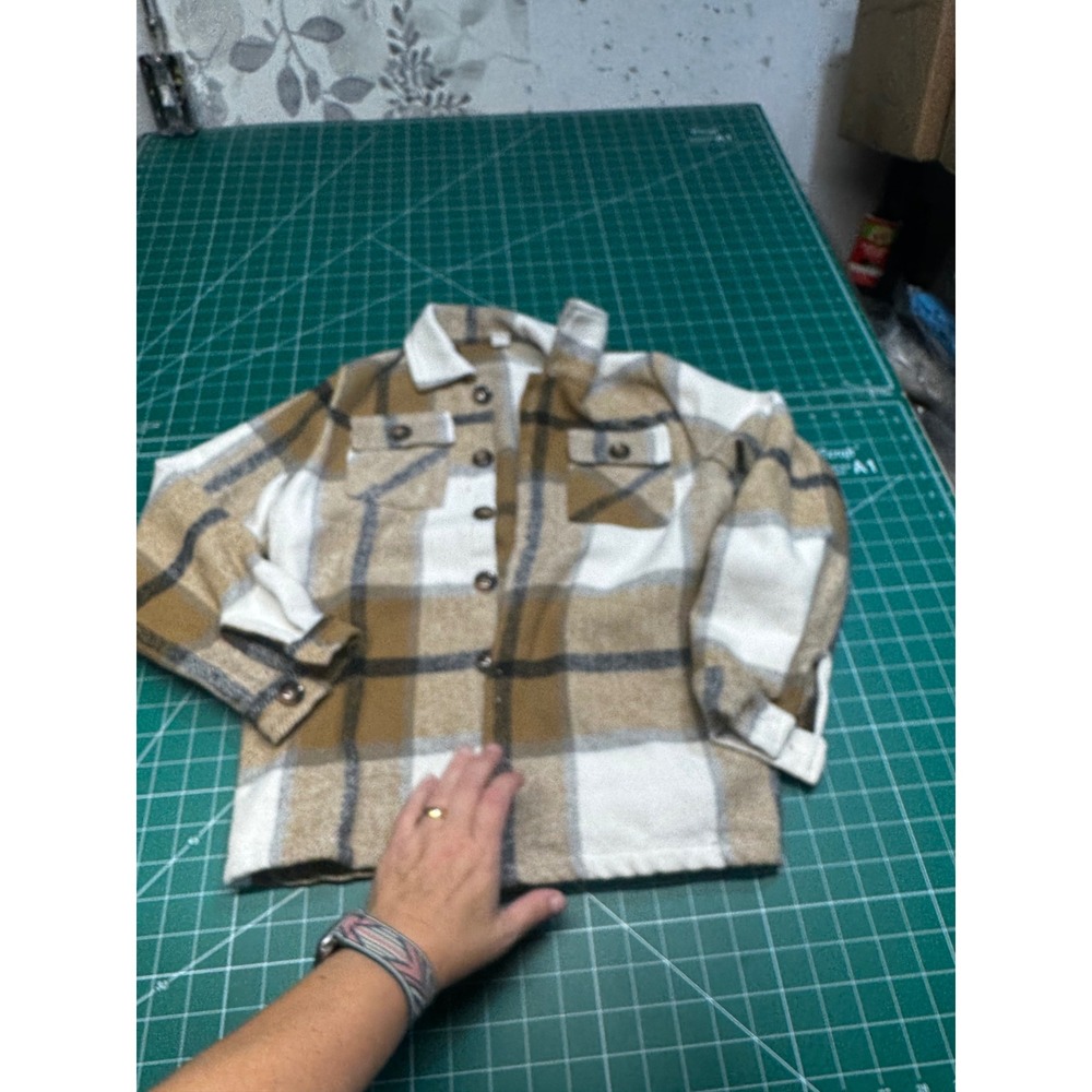 SHEIN Kids Plaid Flannel Shacket Tan White Black Button Down Shirt Jacket 160